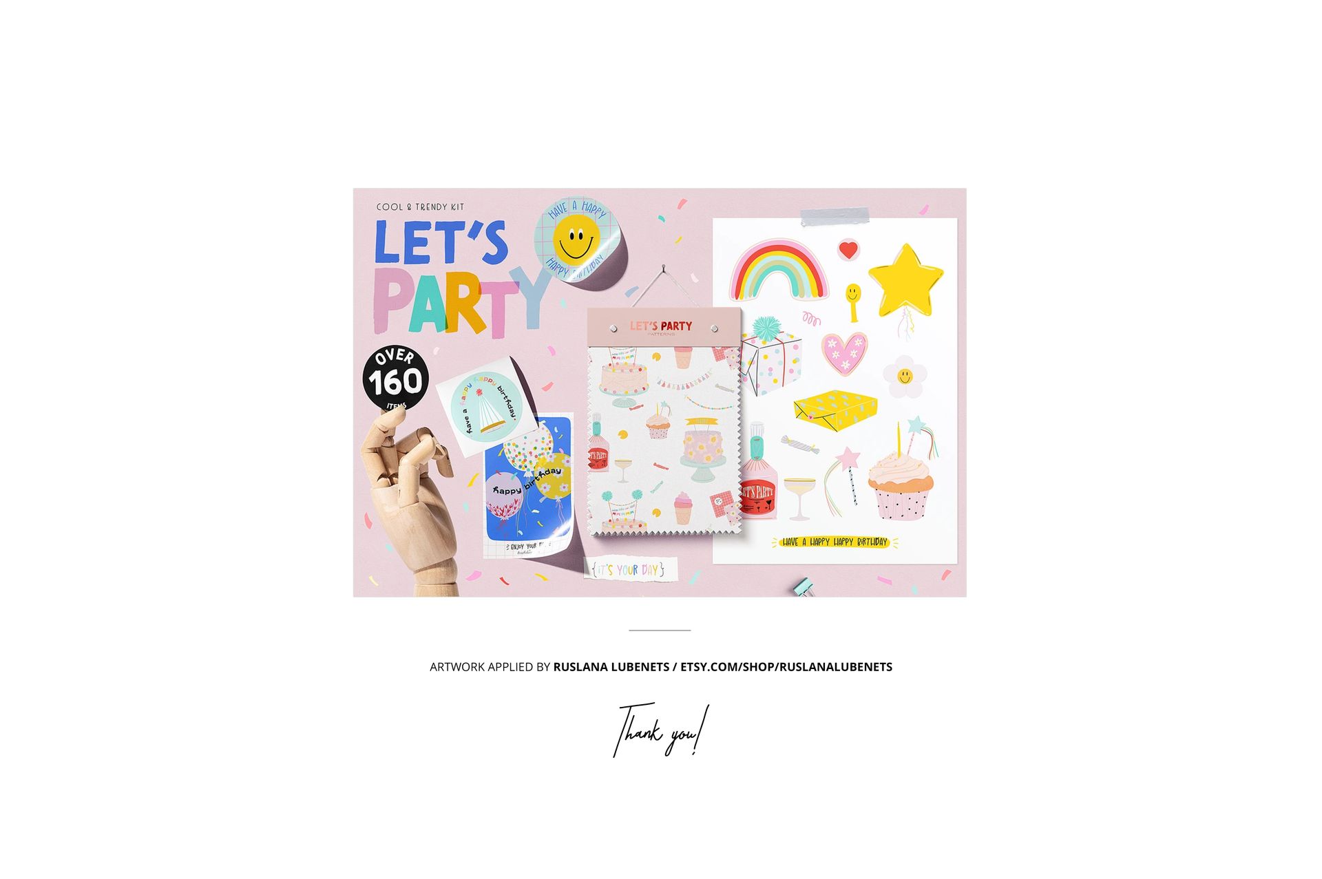 Front view of a jersey fabric mockup featuring colorful party-themed graphics on a pink background with festive icons.