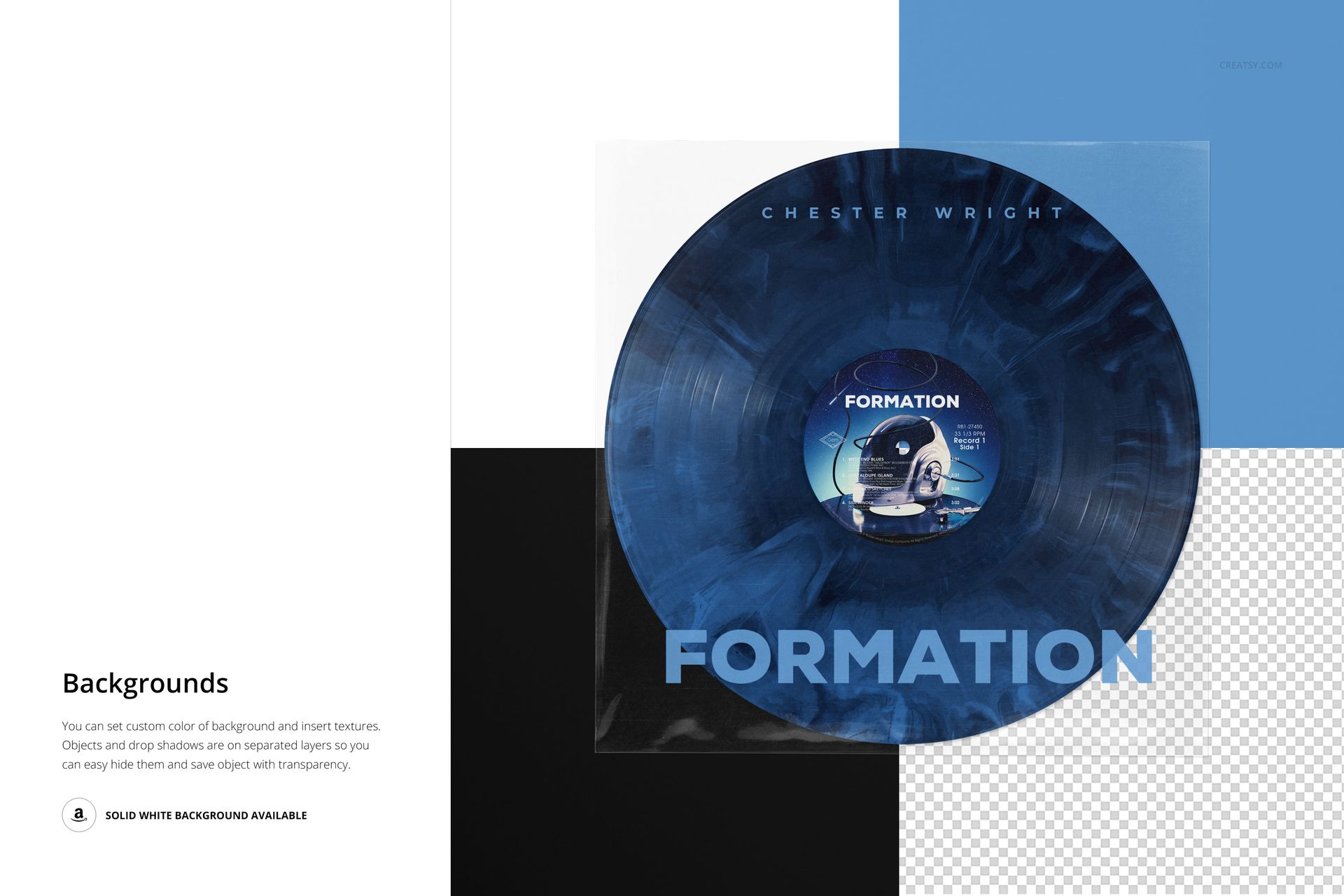 PSD mockup featuring a blue vinyl record in a clear sleeve, top-down perspective with geometric blocks of color in the scene.