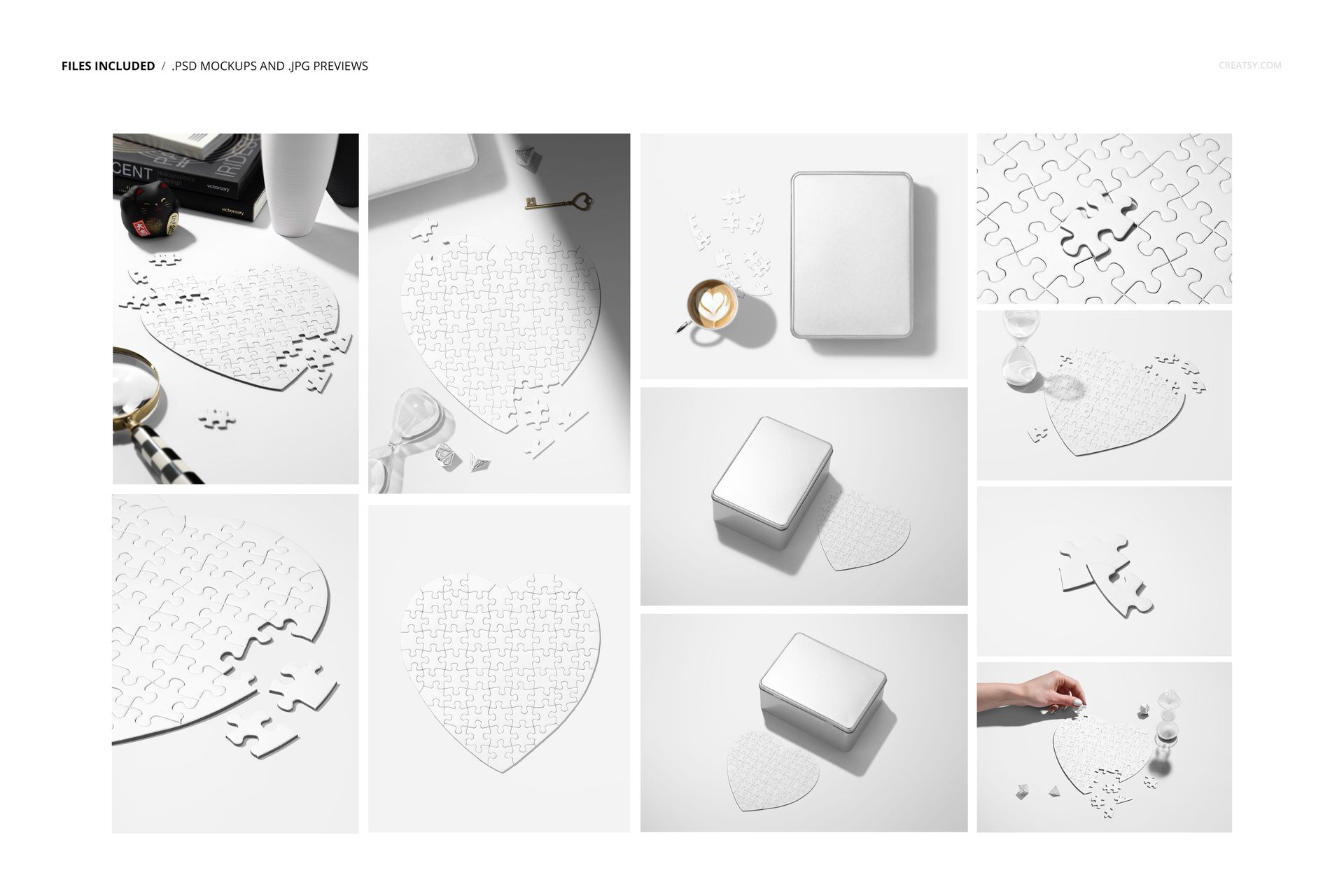 Heart-shaped jigsaw puzzle mockup displayed in various arrangements, with white pieces and minimal props on a light background.