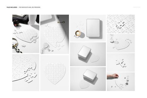 Heart-shaped jigsaw puzzle mockup displayed in various arrangements, with white pieces and minimal props on a light background.