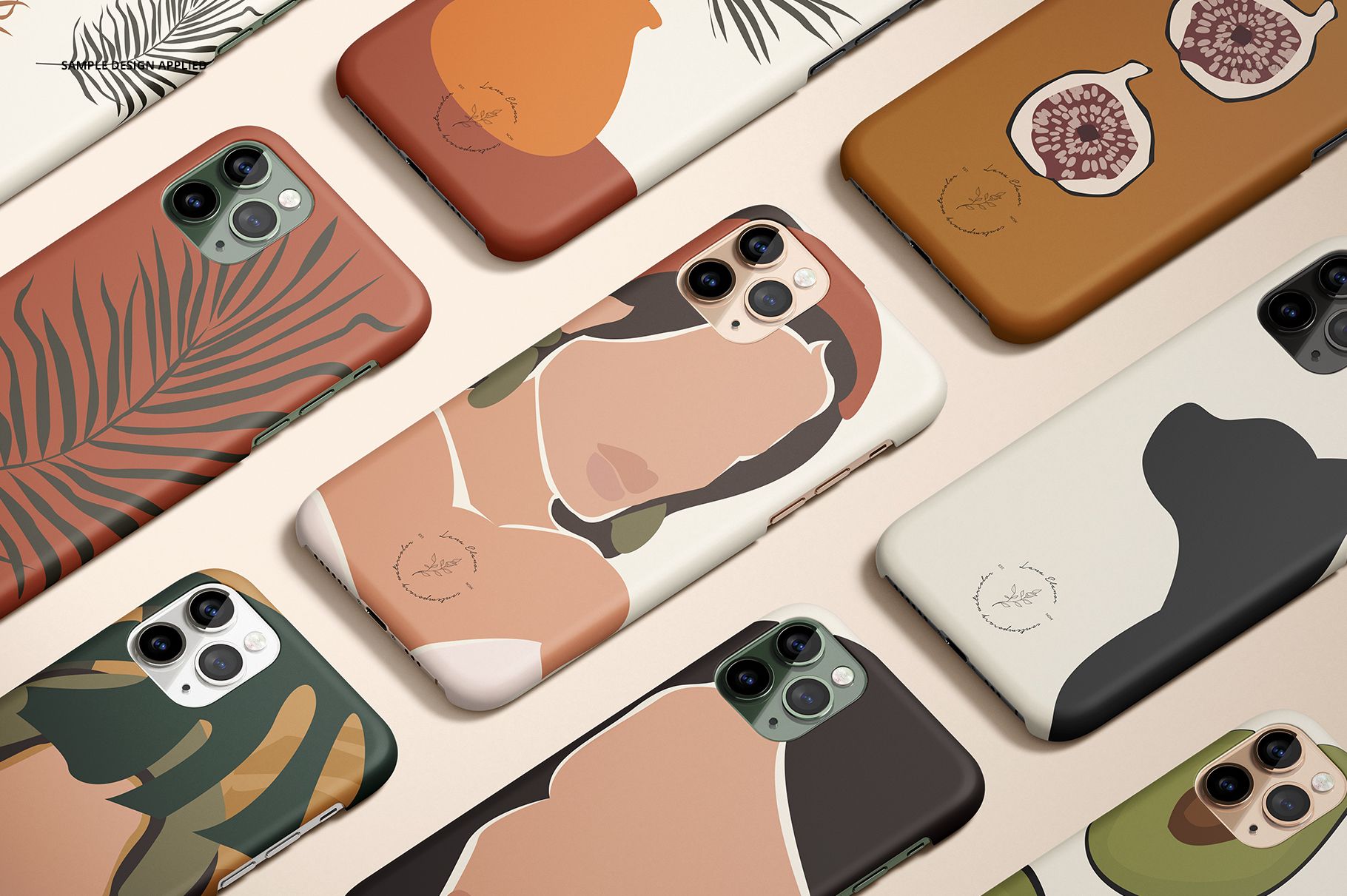 PSD mockup of iPhone 11 Pro matte snap cases with various illustrated patterns in brown, green, and beige shades.