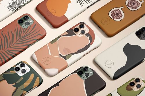 PSD mockup of iPhone 11 Pro matte snap cases with various illustrated patterns in brown, green, and beige shades.