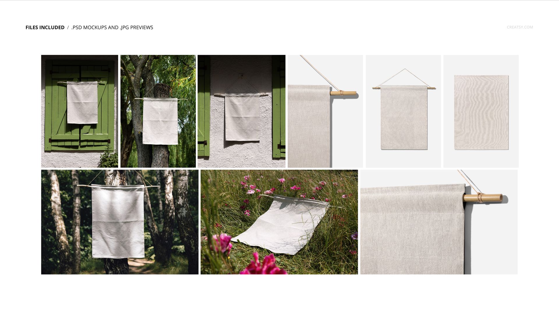 Set of woven wall tapestry mockups shown hanging on a green shutter, outdoors among trees, and in studio scenes.