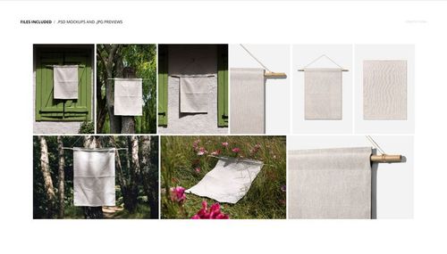 Set of woven wall tapestry mockups shown hanging on a green shutter, outdoors among trees, and in studio scenes.