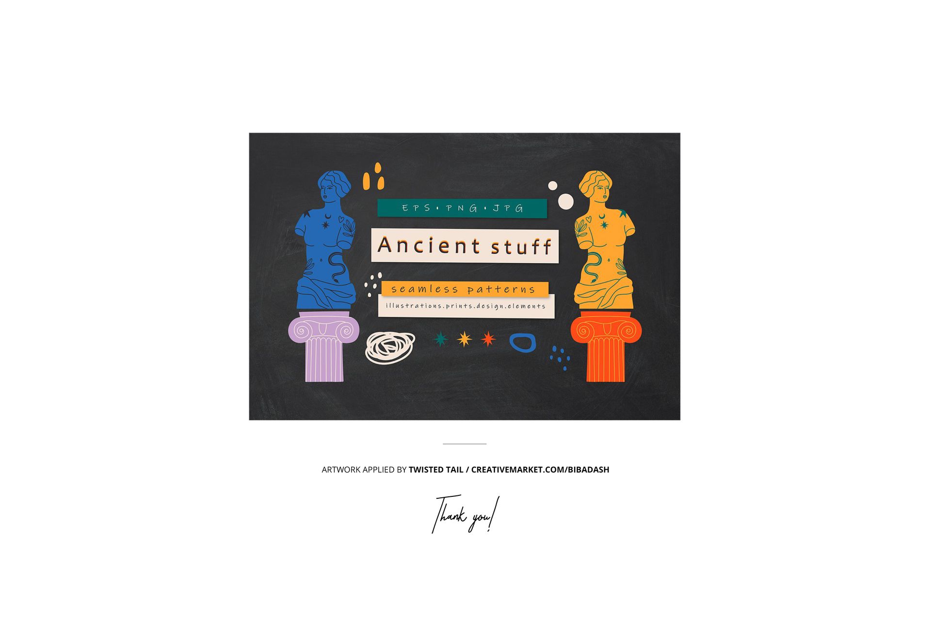Stationery set mockup featuring a rectangular card with colorful classical statue illustrations and geometric accents on a black background.