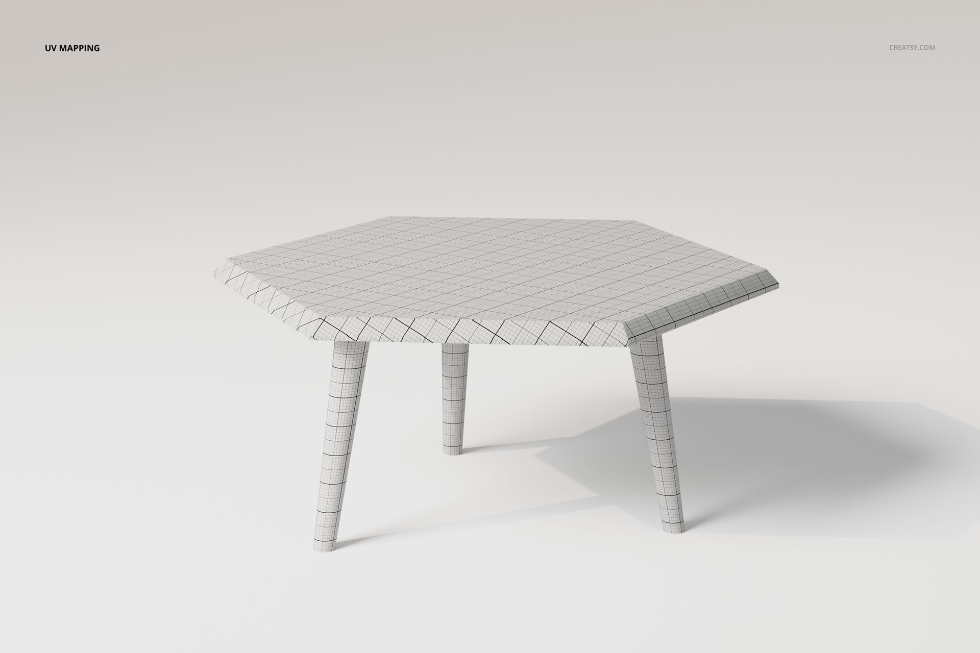 Hexagonal coffee table with three angled legs, shown in a wireframe 3D model on a light neutral background.