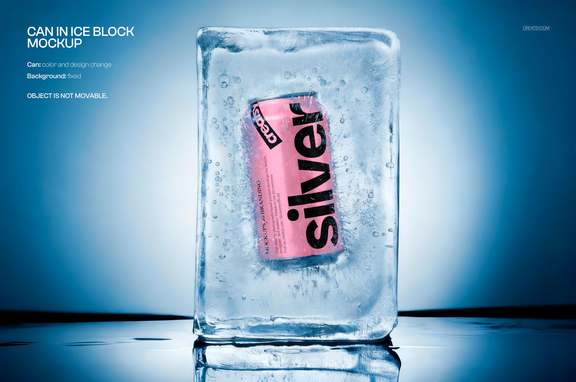 Mockup featuring a pink beverage can embedded in a solid ice block, illuminated by soft blue tones and reflections.