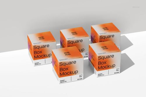 Front view of multiple square box mockups with orange and white color scheme, positioned on a plain background.