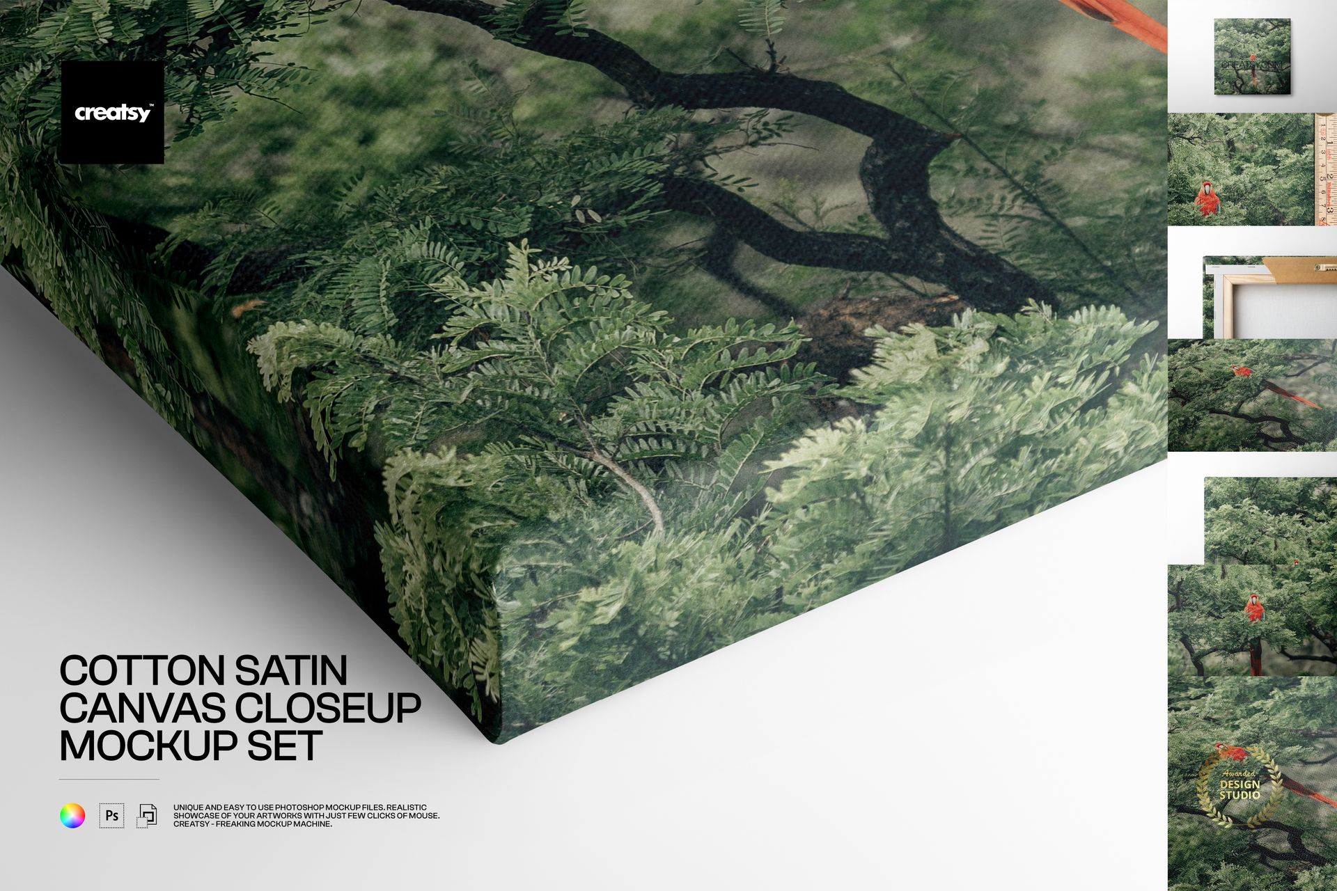 Cotton satin canvas mockup with a nature-inspired leafy design, shown from an angled perspective highlighting texture.