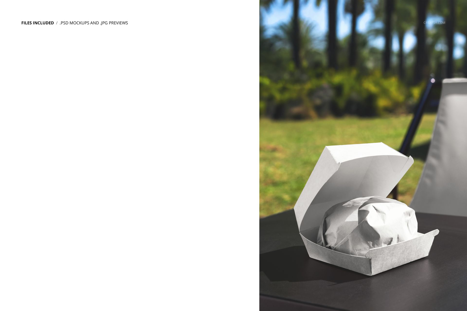Open burger box mockup on a black table outdoors, with garden folding chair and lush plants in the background.