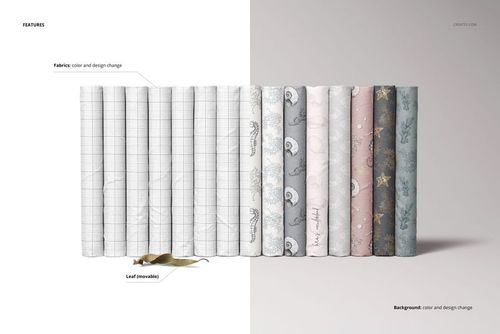Folded fabrics mockup set showing fifteen textile pieces with different designs and colors, arranged side by side.