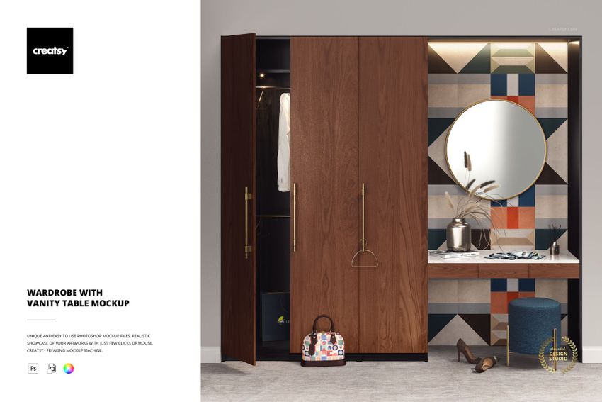 Wardrobe and vanity table mockup with wood textures, colorful geometric wall, ottoman, and assorted accessories.
