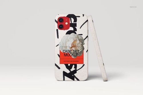 iPhone 12 eco case with abstract black pattern and flower design, shown in a front and side view mockup.