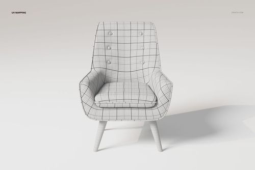 Front view of a corner chair with wooden legs, featuring a white surface with black grid lines and button details.