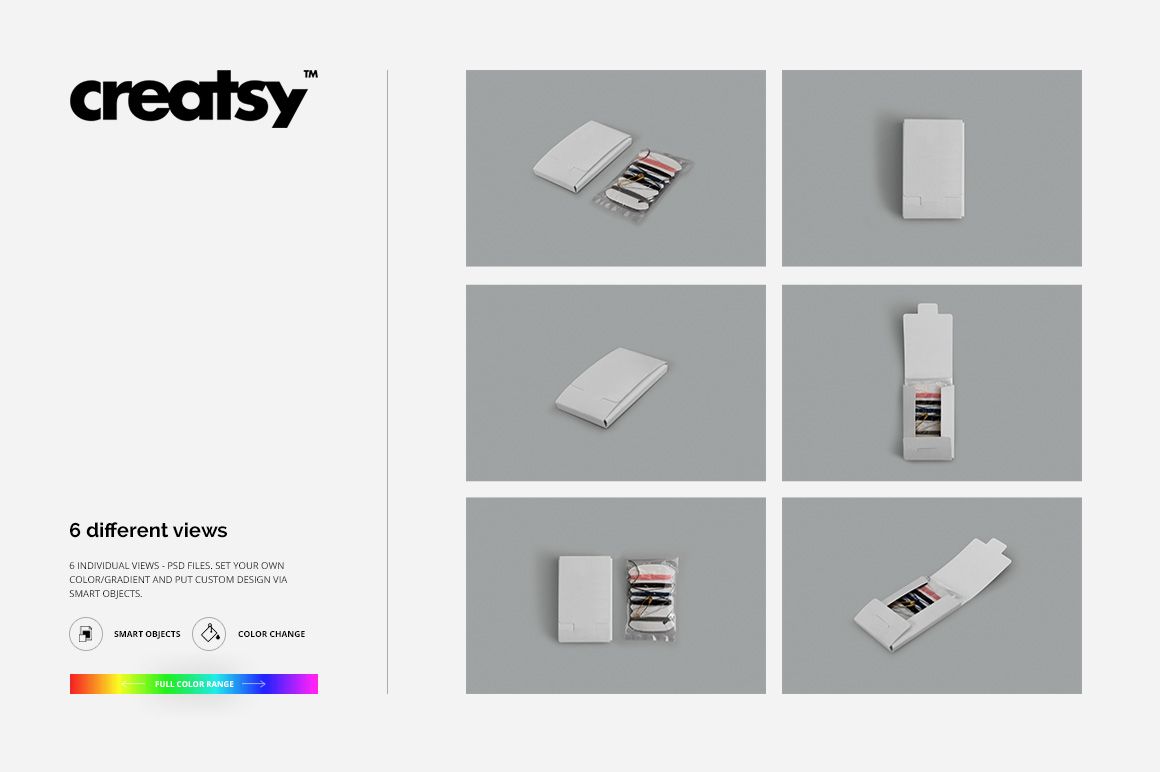 Sewing kit mockup set displayed in six different views on a neutral gray background, showing case and contents.
