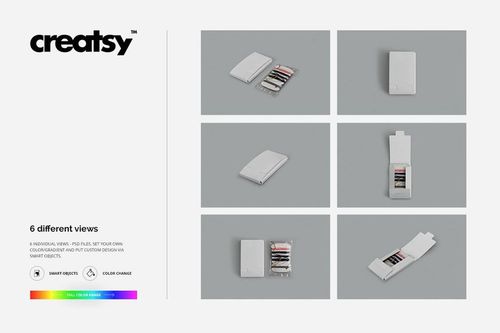 Sewing kit mockup set displayed in six different views on a neutral gray background, showing case and contents.