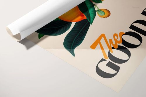 Close-up of a glossy poster mockup with vibrant leaves and fruit illustration, rolled at one edge on a pale background.