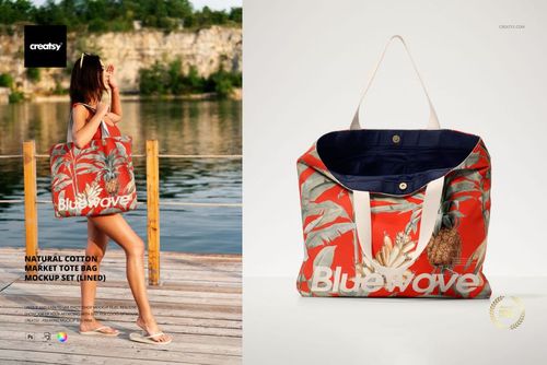 Natural cotton tote bag mockup featuring a bold red background with beige tropical leaves, displayed on a dock and isolated.