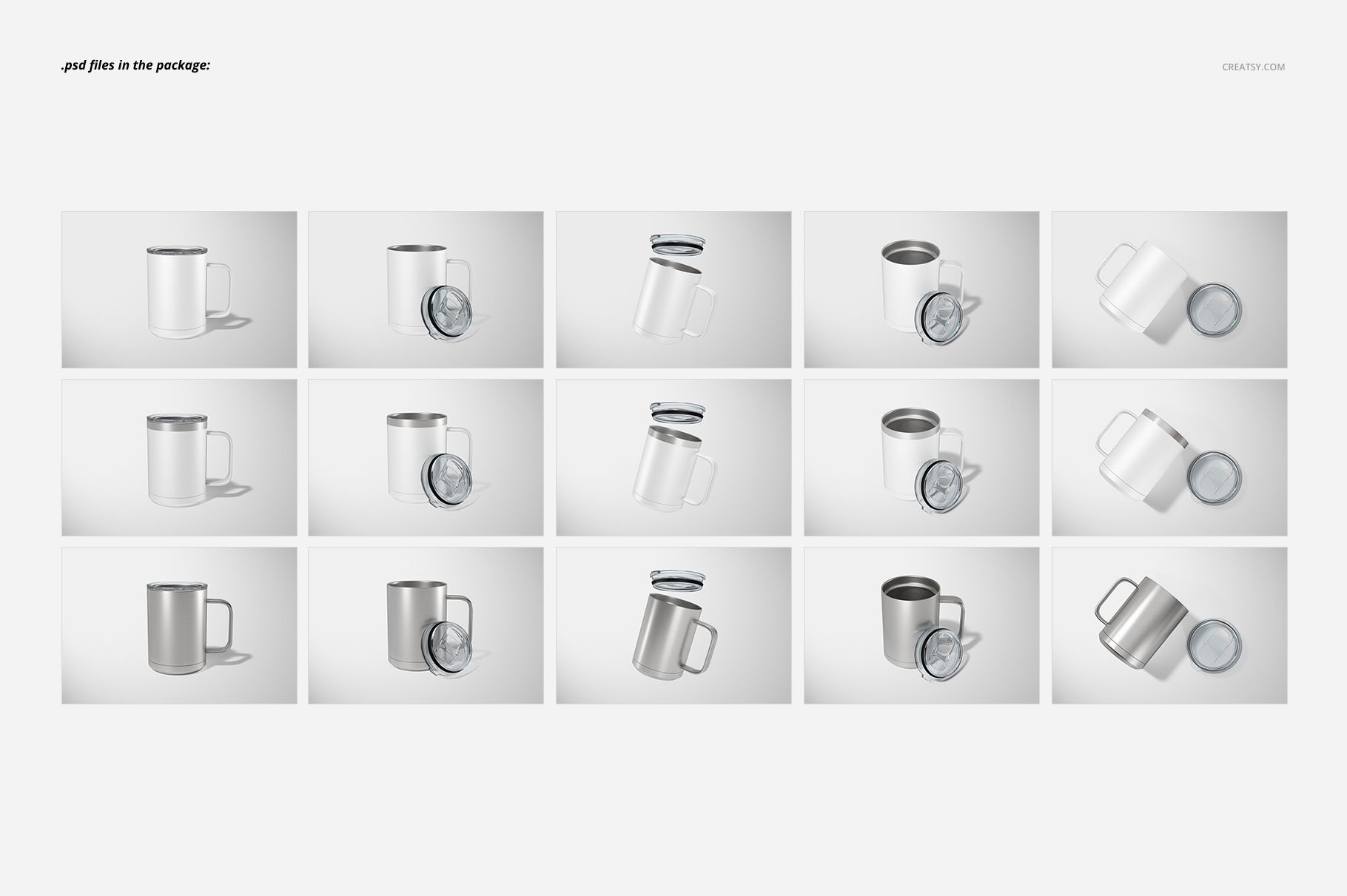 Set of fifteen camp coffee mug mockups in various angles, featuring plain white and metallic mugs on a light background.