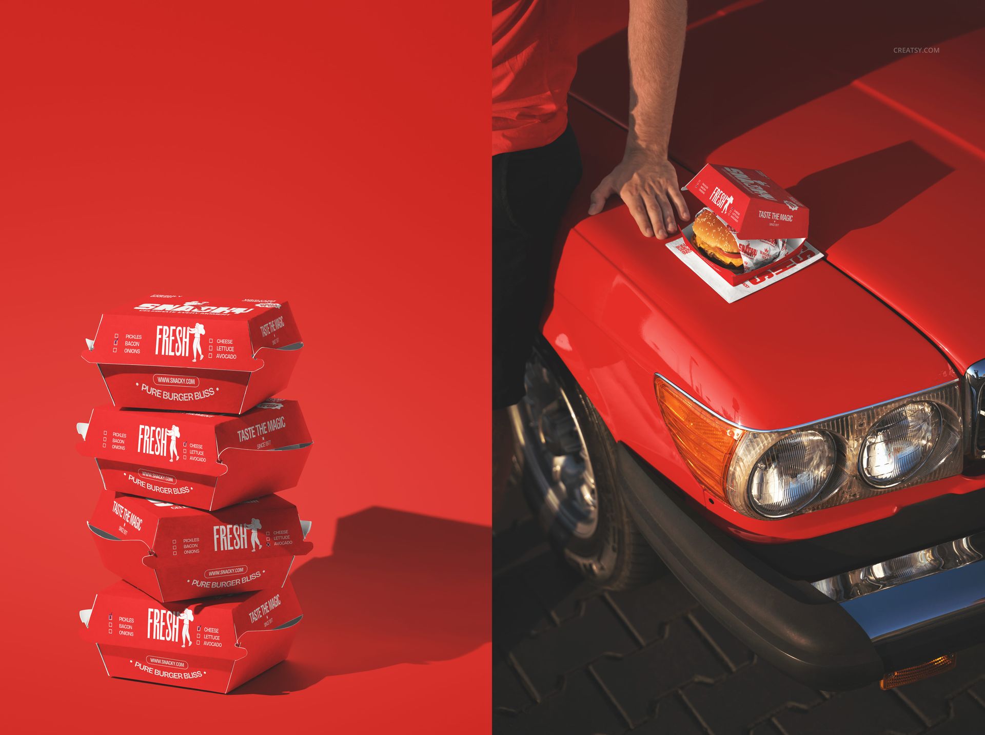 PSD mockup featuring bright red burger packaging, stacked and displayed in an outdoor scene with a classic red car.