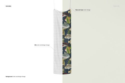 Long rectangular silk scarf mockup hanging vertically, featuring a split design with grid and fish patterns.