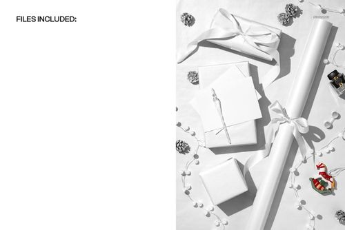 Christmas wrapping paper mockup featuring white gift boxes, ribbon, pine cones, and festive ornaments in a top view scene.