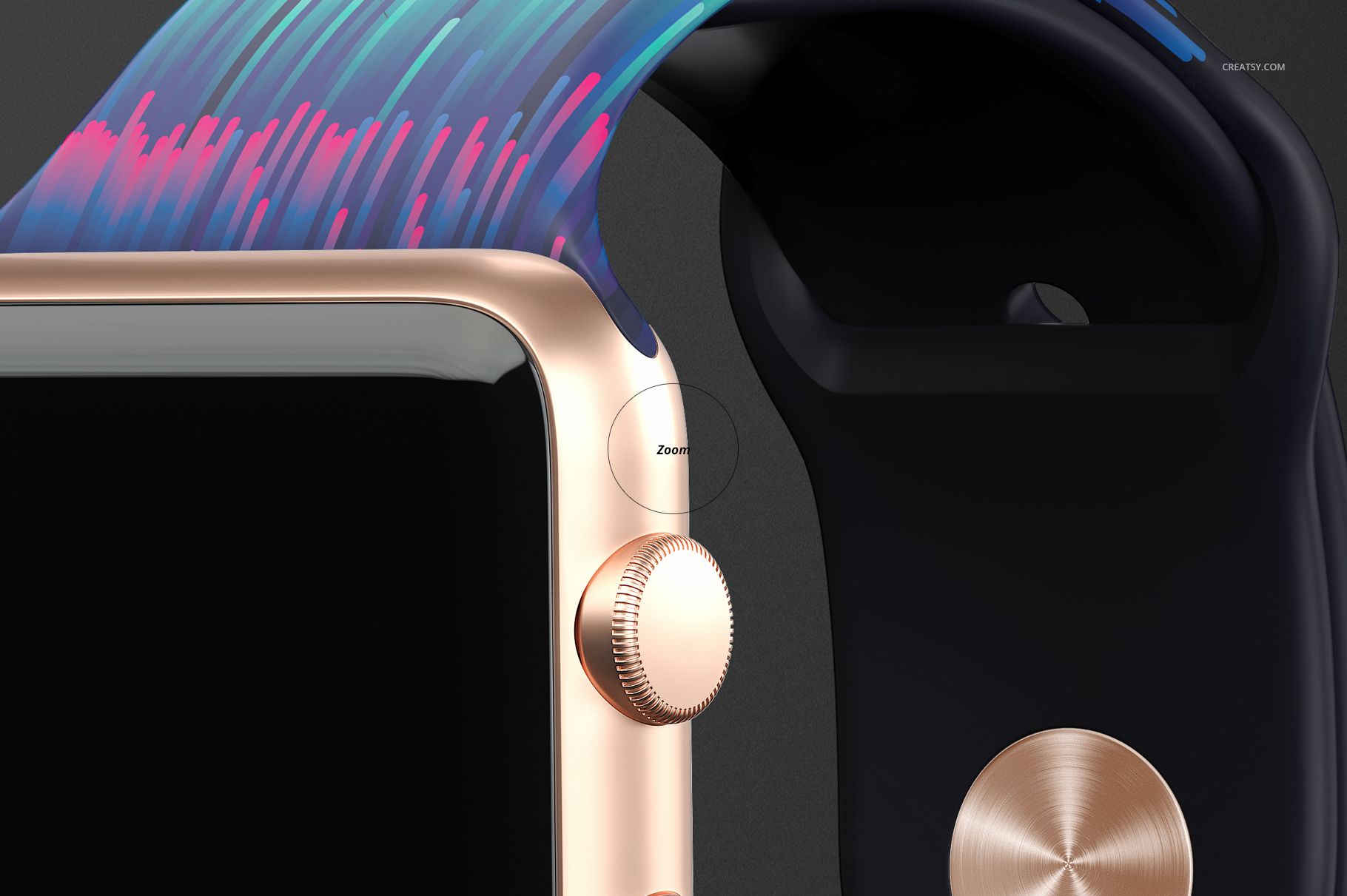 Detailed mockup of an Apple Watch band with a gold watch case and a vibrant blue and pink patterned strap.