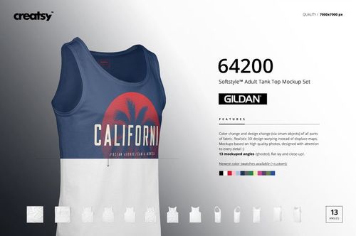 Gildan 64200 Softstyle adult tank top mockup with California print, presented in a clean, minimal scene with product details.
