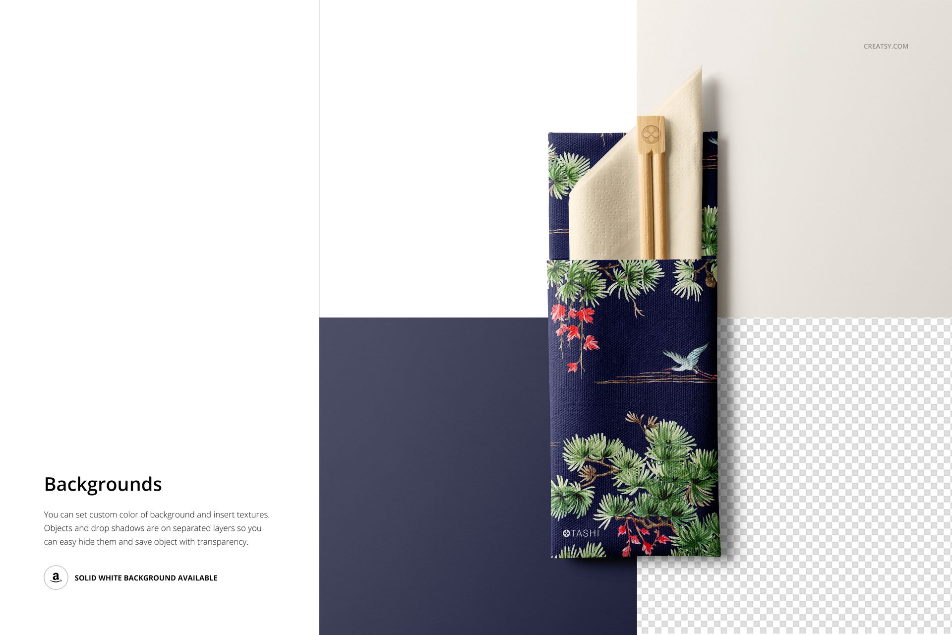 Top view of chopsticks and a folded napkin in a decorative sleeve with green foliage and red flowers on a mockup template.