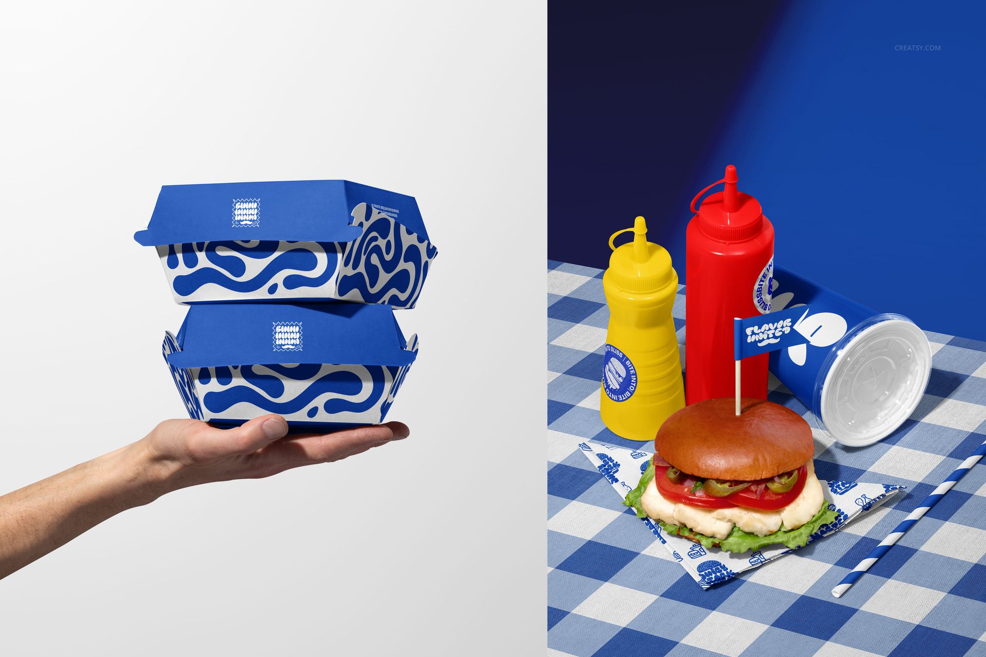 Blue and white burger packaging mockup displayed in hand and on a table with a vegan burger, cup, and sauces.