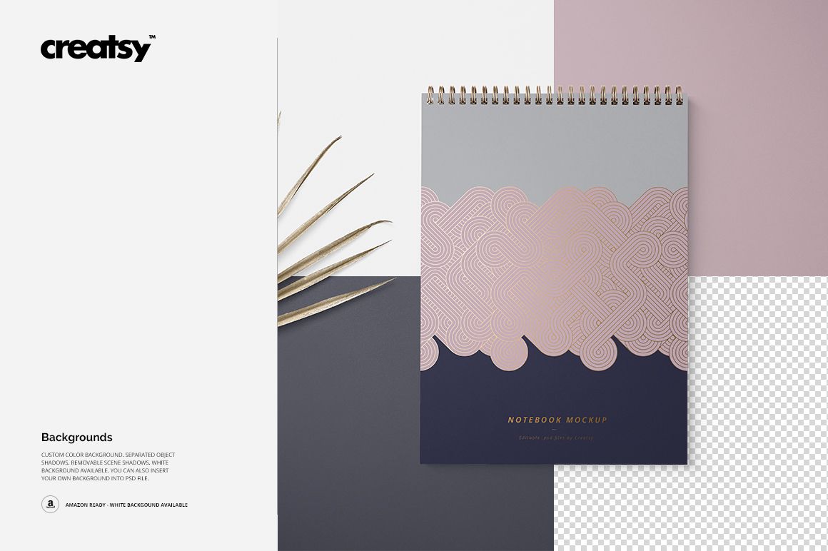 Top view of an A4 spiral notebook mockup with geometric pastel pink, gray, and navy cover design on a white background.