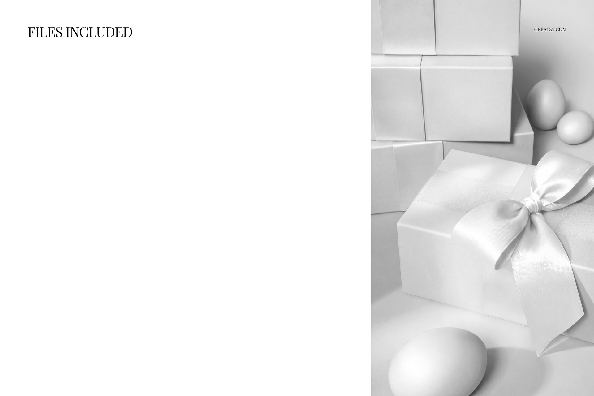 Front view of white Easter eggs and gift boxes with satin ribbon, arranged in a minimalistic mockup scene.