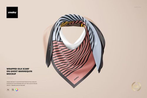 Wrapped silk scarf mockup featuring pink, black, and blue abstract patterns displayed on a ghost mannequin, frontal angle.