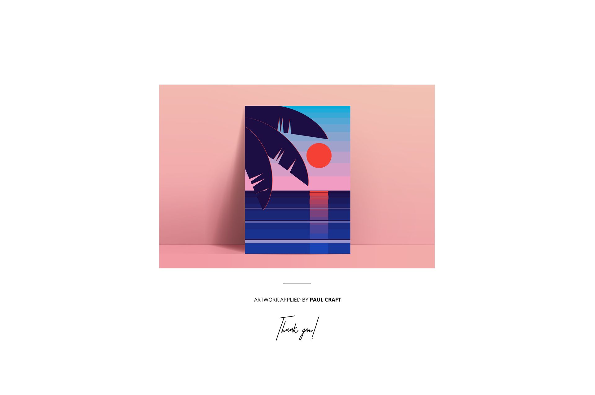 Seaside scene beach towel mockup displaying a graphic sunset over water with palm leaves, positioned against a pink wall.