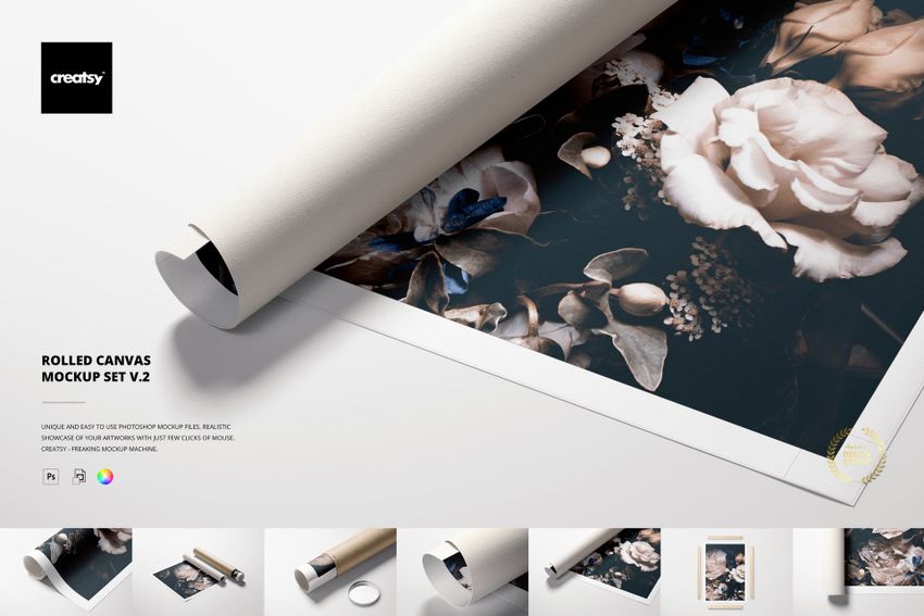 Rolled canvas print mockup with a visible flower pattern, displayed on a light background with tube and print details.