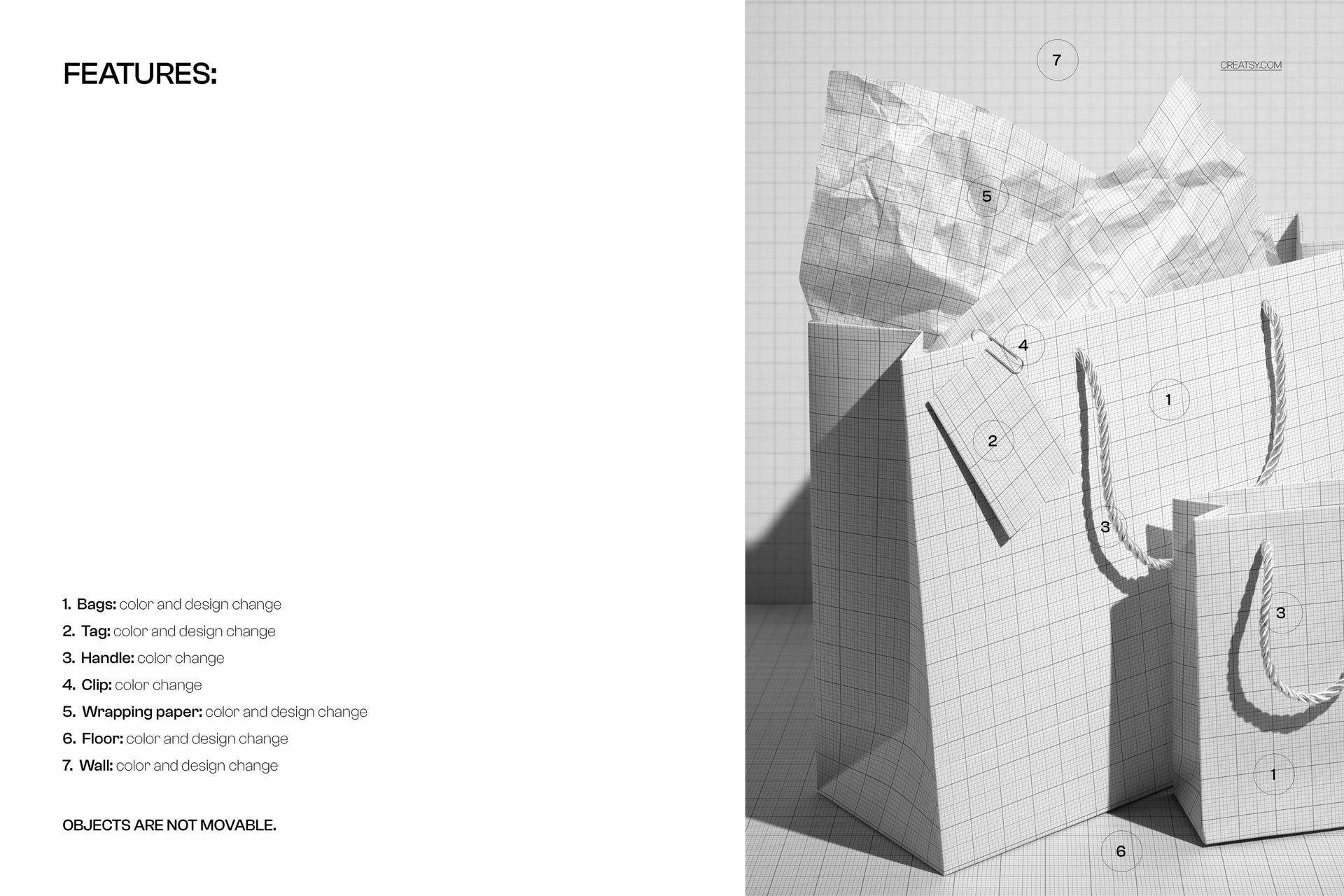 Front view of paper gift bags with grid pattern, tissue paper and tags, arranged together in a PSD mockup scene.
