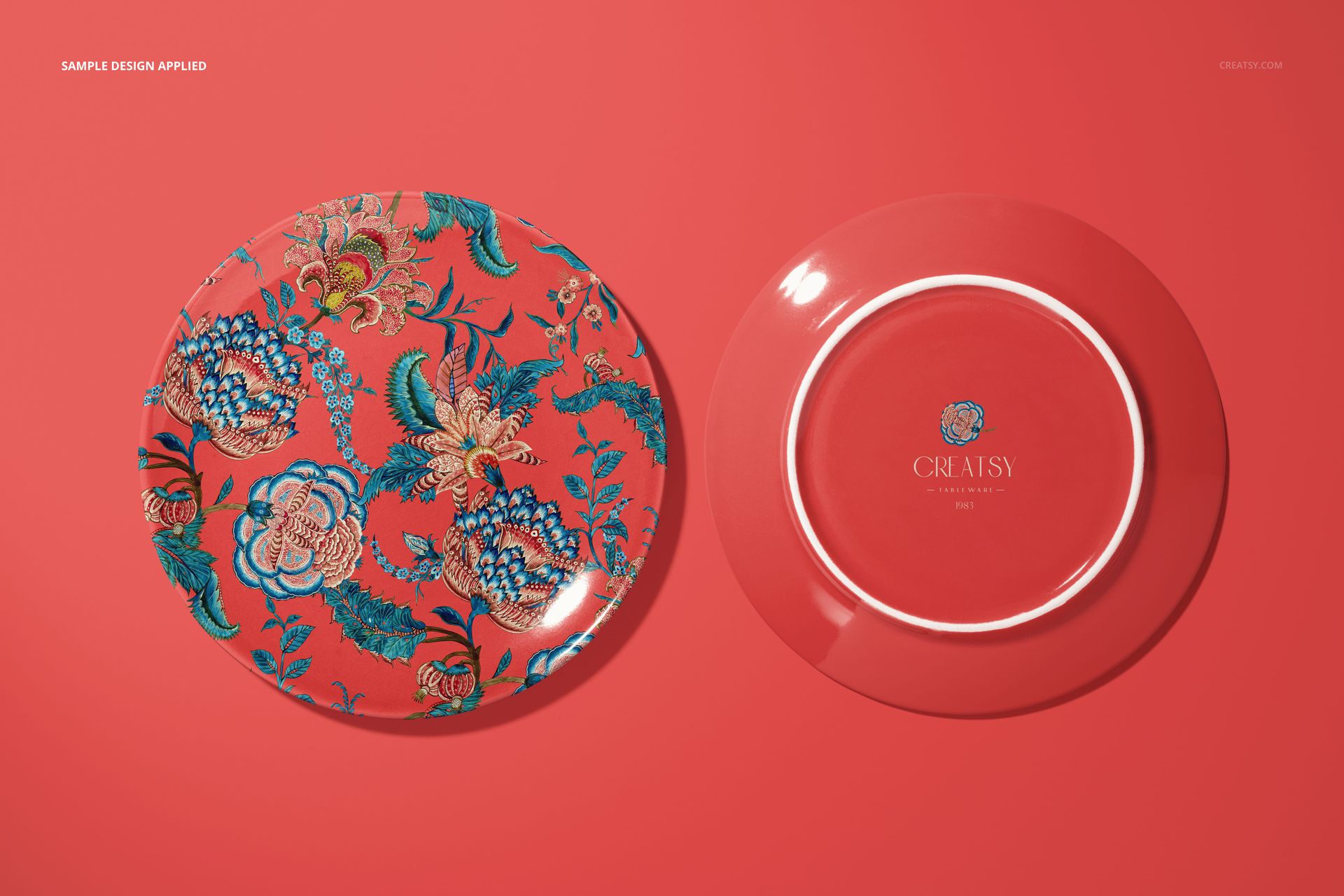 Ceramic plates mockup featuring a top view of two round plates, one with decorative flowers and one plain red.