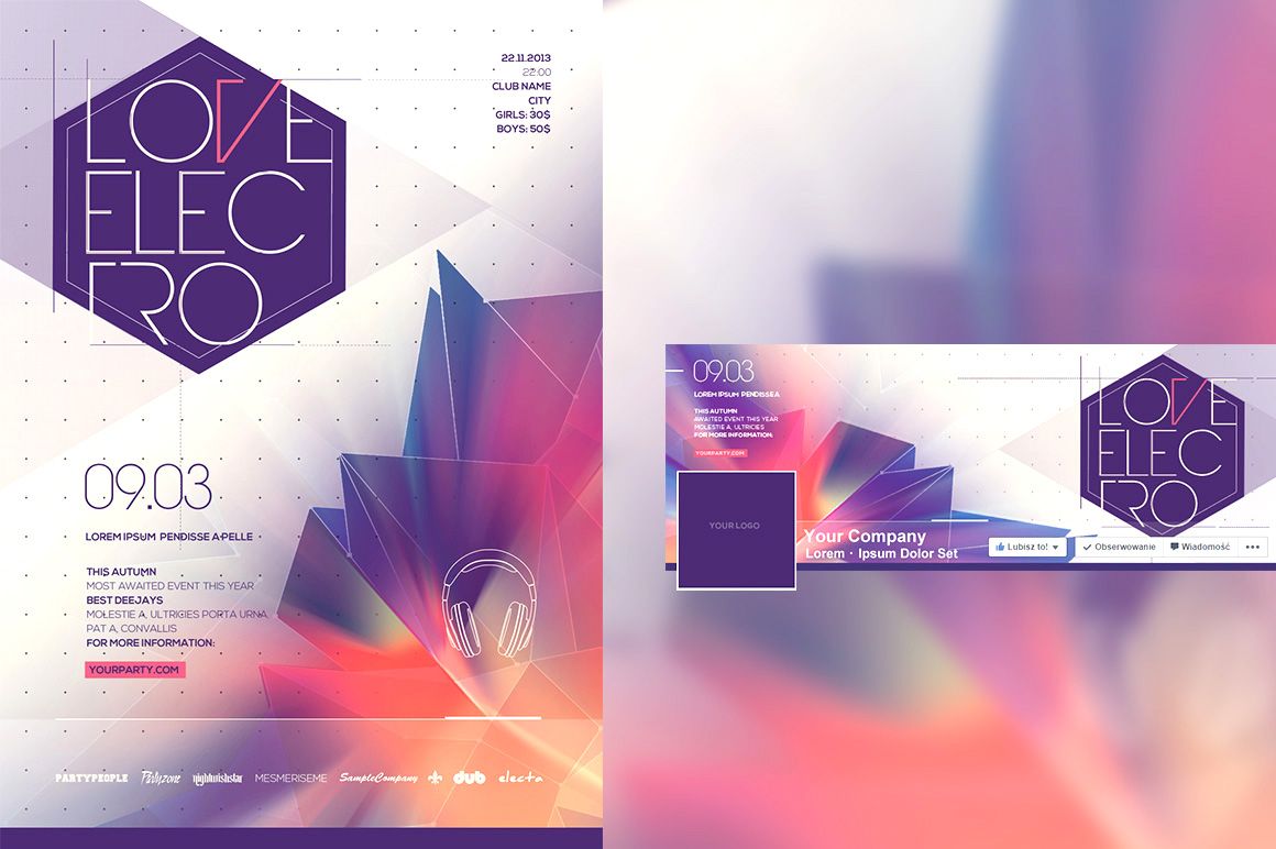 Electro Love PSD mockup showing poster and social media cover with geometric patterns, gradient colors, and text areas.