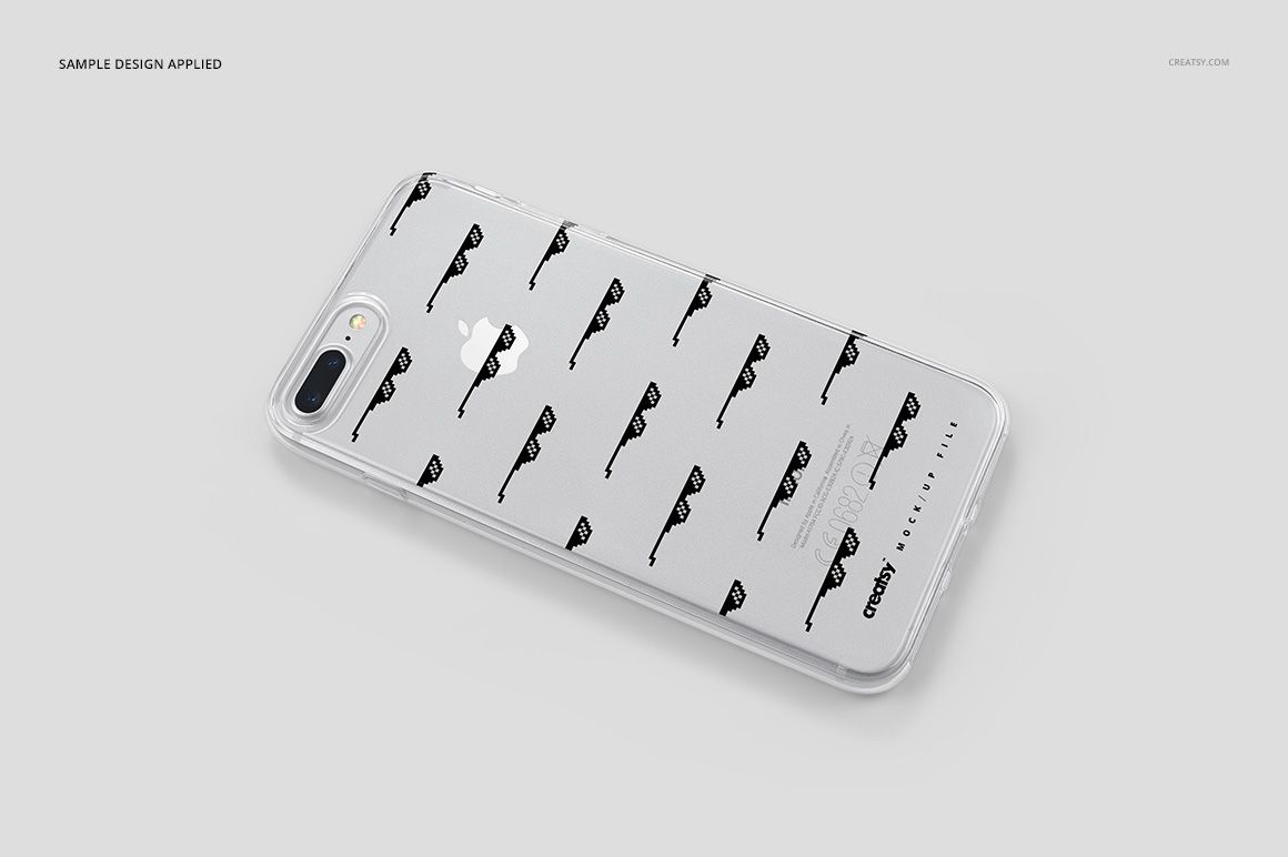 iPhone 7 Plus clear case mockup featuring a minimalist sunglasses design, shown from a top angled perspective.