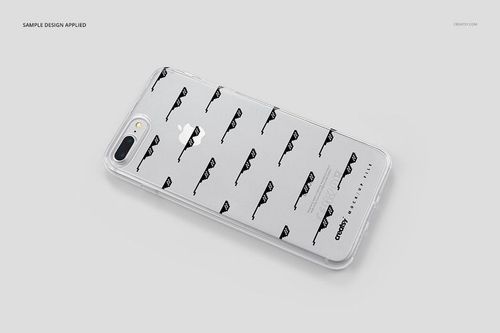 iPhone 7 Plus clear case mockup featuring a minimalist sunglasses design, shown from a top angled perspective.