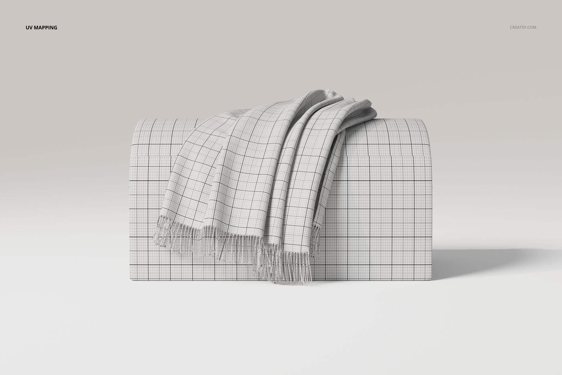 Draped throw blanket with a grid pattern displayed on a curved surface, shown from a front angle in a neutral setting.