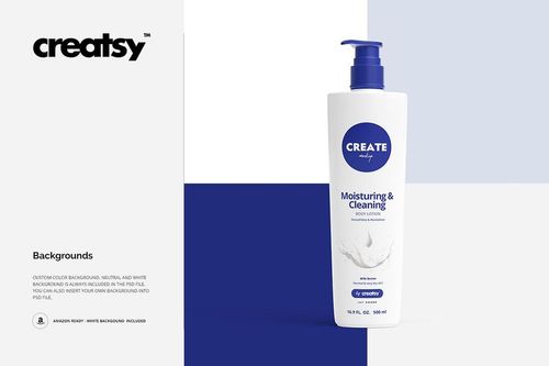 Tall white lotion bottle with blue pump and label, displayed on a split blue and white backdrop, mockup style.