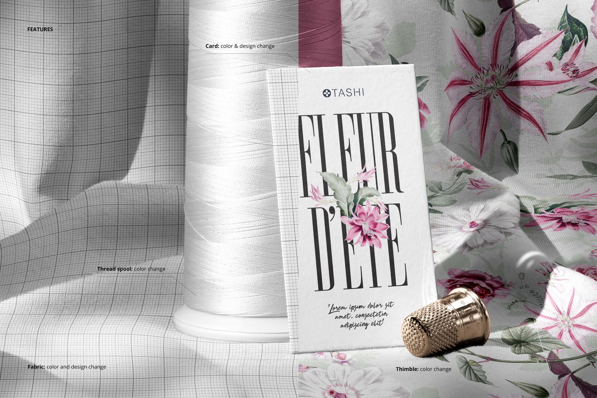 PSD mockup showing a thread spool, decorative card, and thimble arranged on soft floral jersey textile surface.