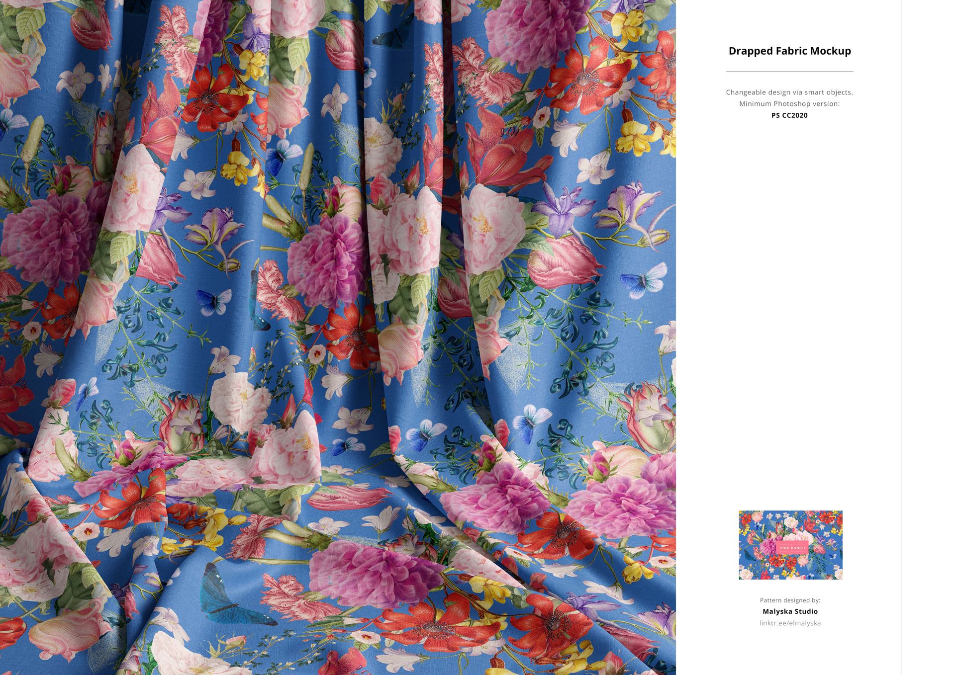 Colorful fabric mockup with detailed flower designs in shades of pink, white, and green on a blue surface, close-up.