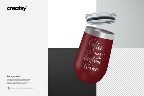 Stemless wine cup mockup featuring a maroon cup with white script text, clear lid, and geometric background.