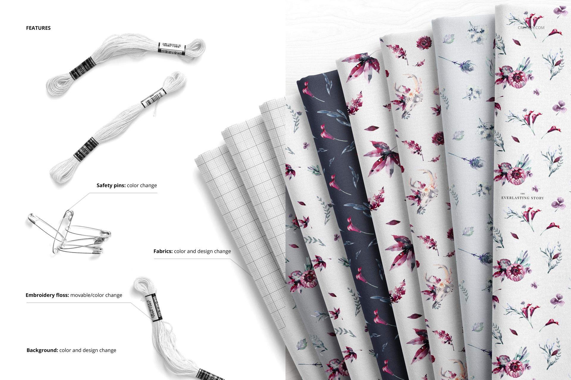 PSD mockup displaying folded textiles in soft colors and patterns, with removable embroidery floss and safety pins nearby.