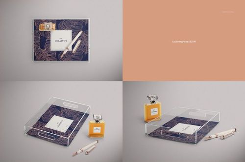 Clear lucite tray mockup shown in multiple sizes and angles, featuring a dark abstract pattern and small props.