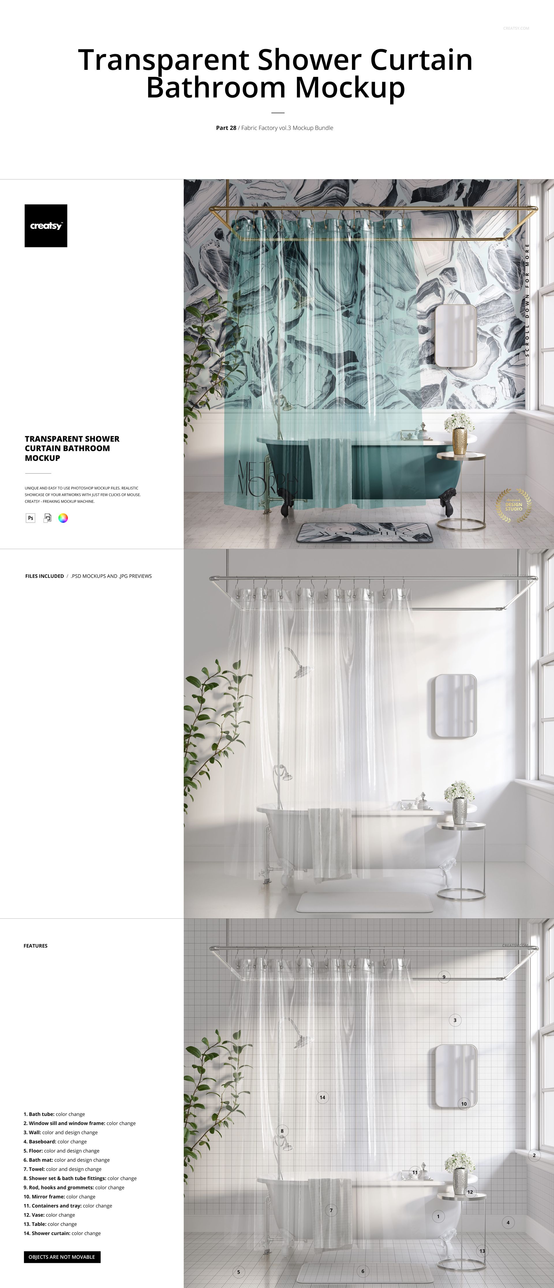 Bathroom scene featuring a transparent shower curtain mockup, green leafy wallpaper, and a freestanding bathtub.