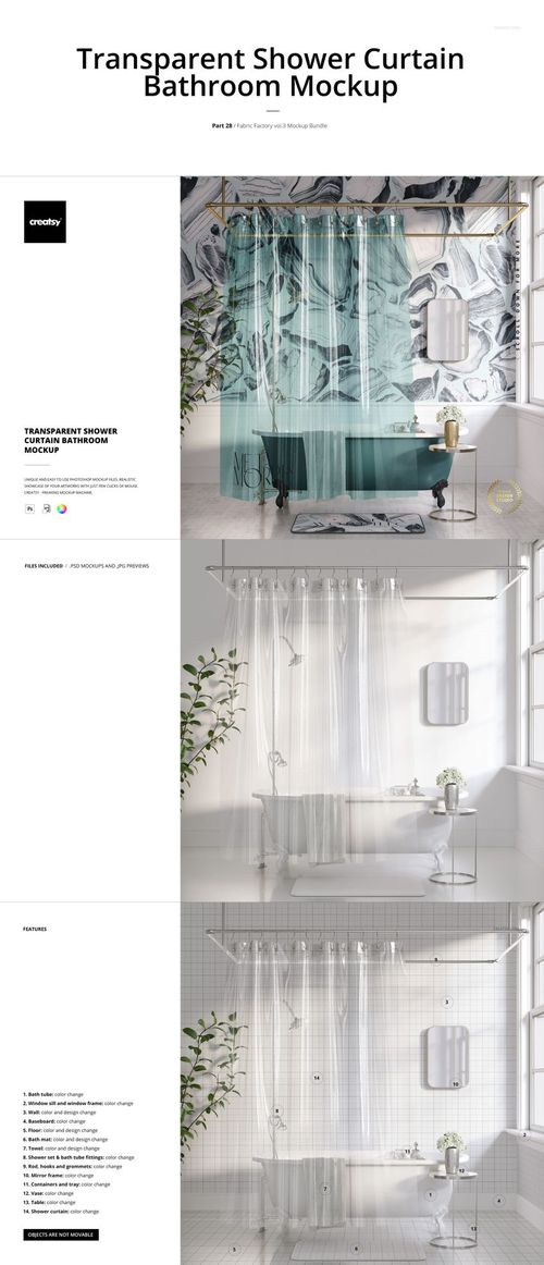 Bathroom scene featuring a transparent shower curtain mockup, green leafy wallpaper, and a freestanding bathtub.