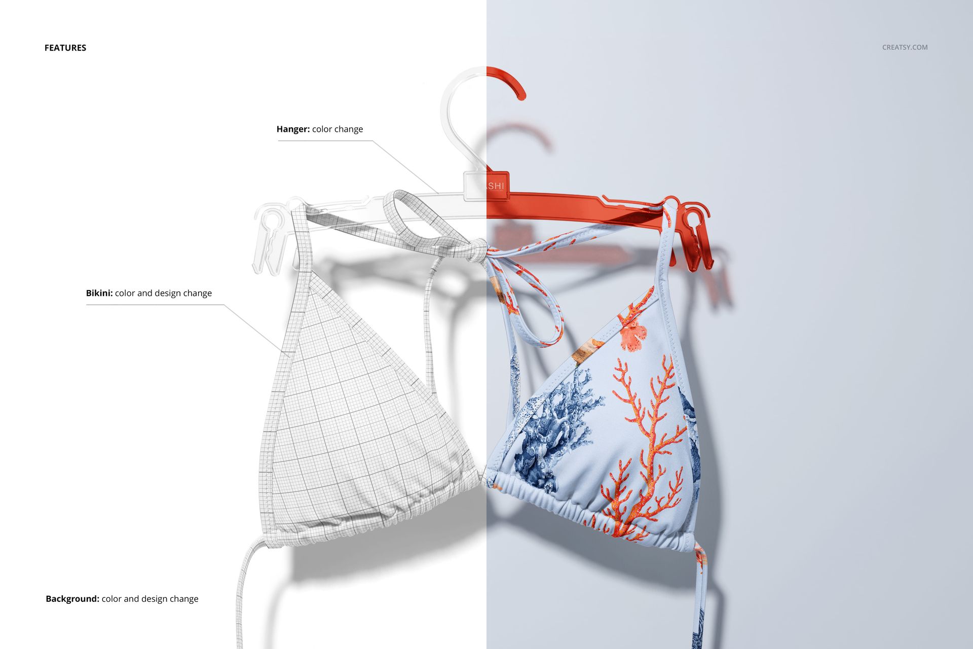 Front view of a bikini mockup set on hangers, featuring a split design with grid pattern and coral print.